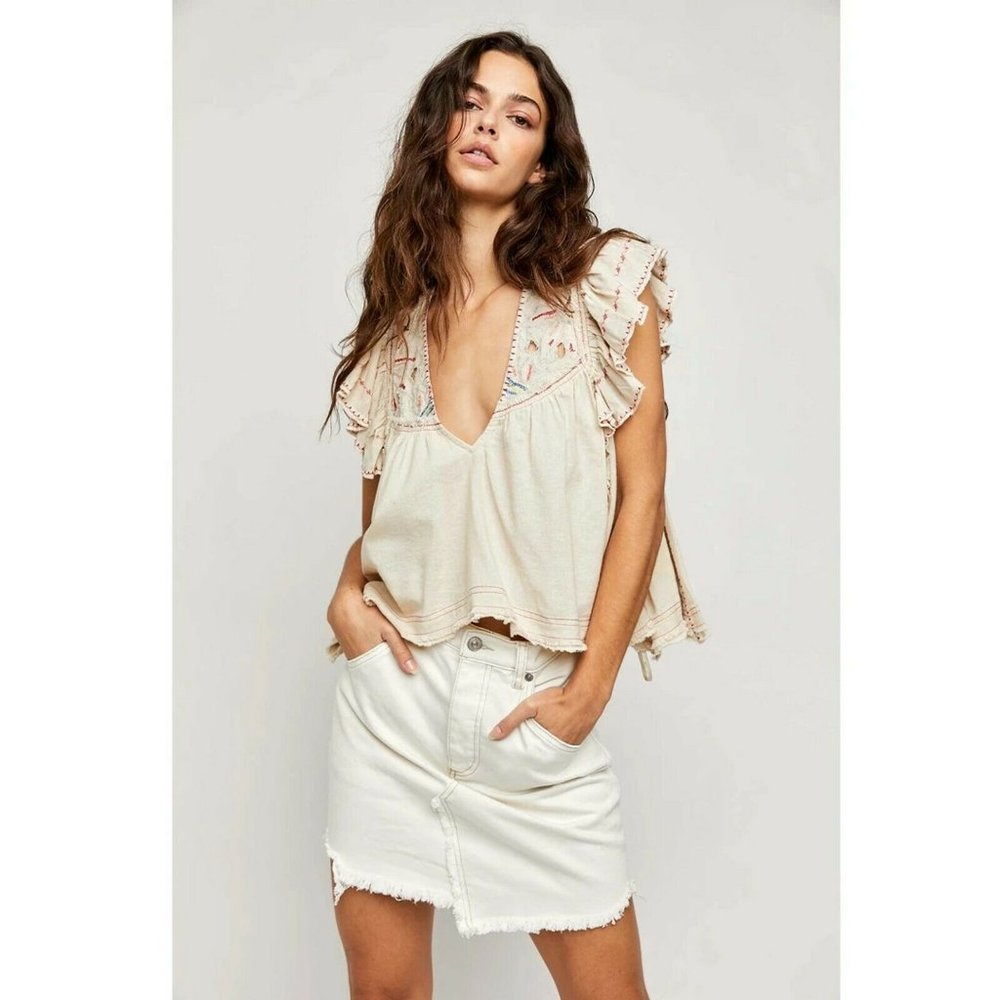 Free People Hailey Embroidered Flowy Blouse Top M